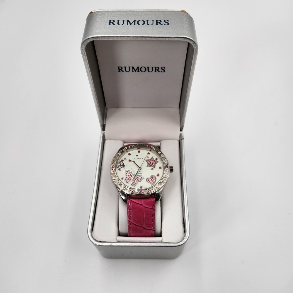 Rumours Watch Women's Pink Band Rhinestones Butterfly Stars Hearts New As Is